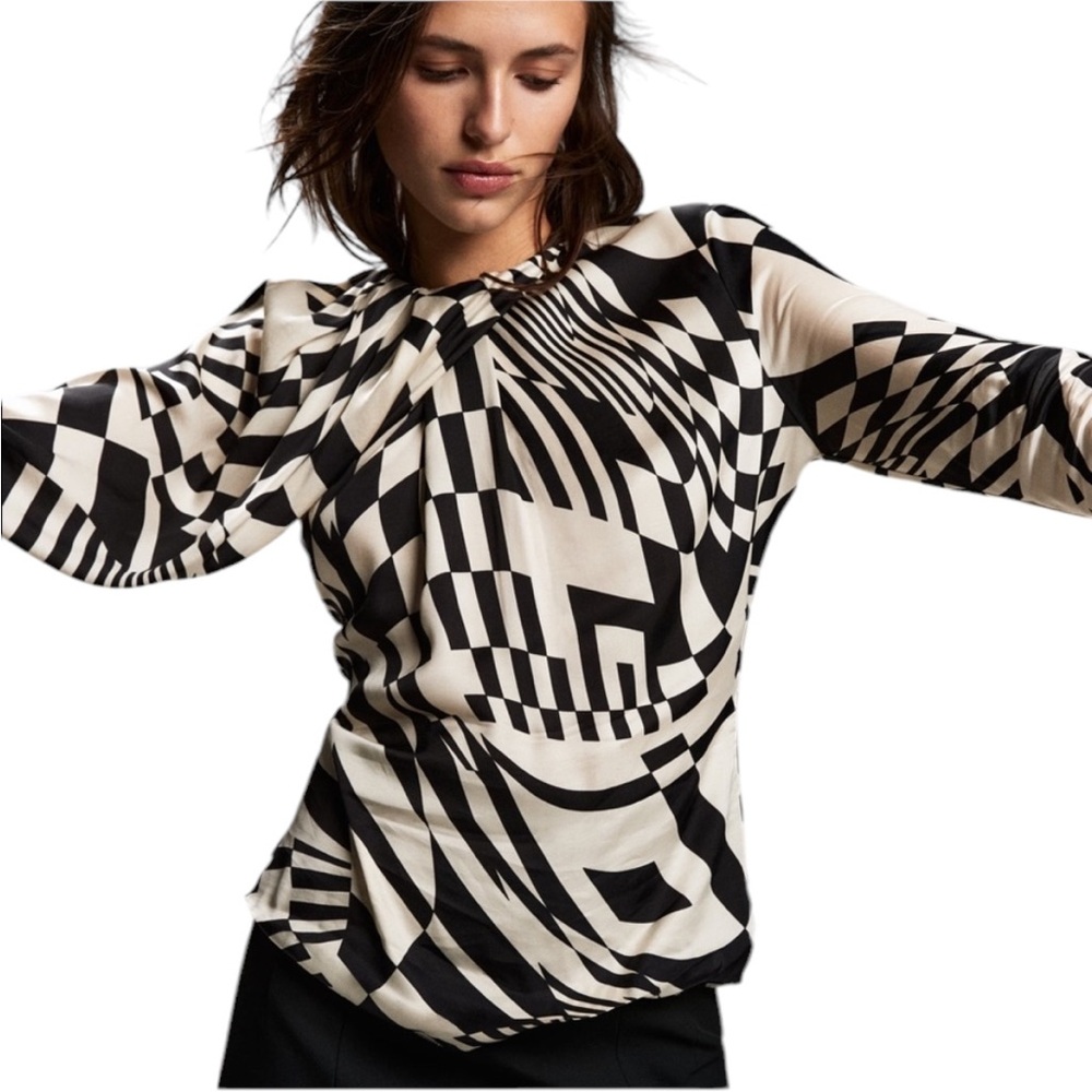 NWT Zara Black & Ivory Satin Front Pleat Asymmetrical Blouse - Bloggers Fave - L